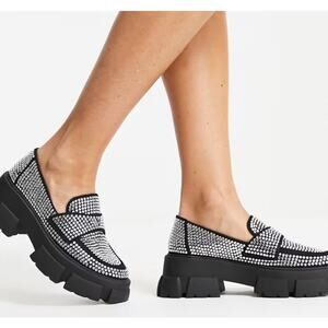 Steve Madden Trifecta-R Chunky Platform Loafers Black Rhinestones Size 8.5 NWOB